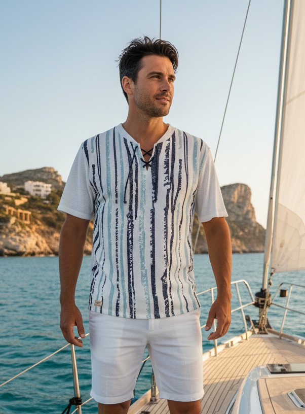 Chemise tee-shirt homme manches courtes col lacet  100% coton &ndash; Style d&eacute;contract&eacute; et respirant